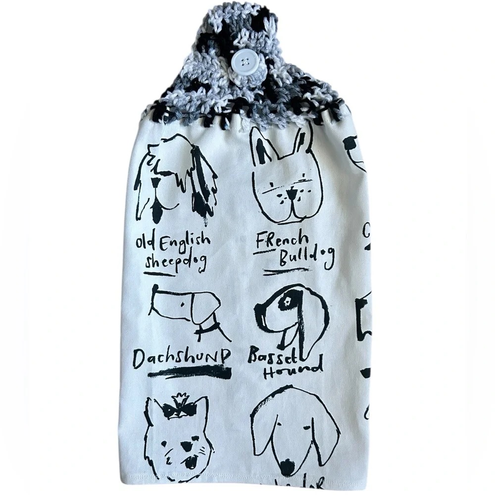 Hand Crafted Black and White Dog Print Hanging Kitchen Hand Towel